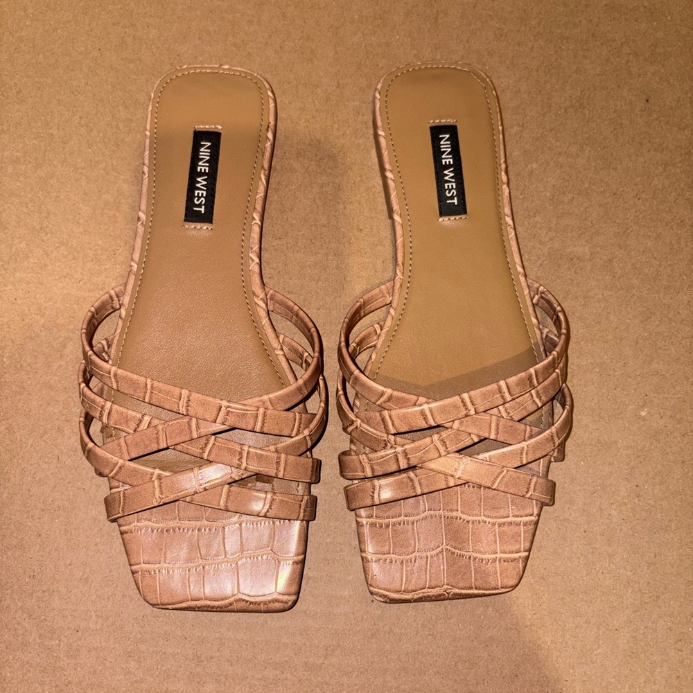 Nine West Brown Croc-Embossed Slides